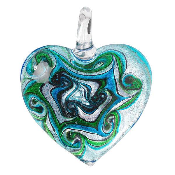 Pendant, lampworked glass, blue / green / multicolored with silver-colored foil, 47x40mm single-sided puffed heart with swirled design. Sold individually. image number 0