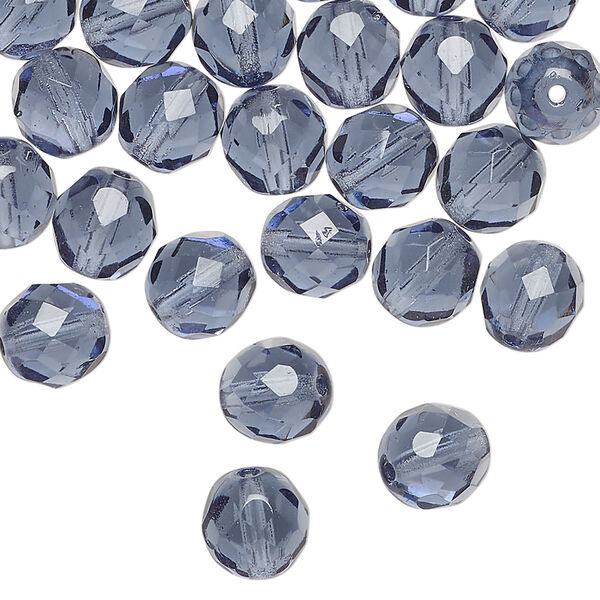 Bead, Czech fire-polished glass 1pkg50, translucent Montana blue, 8mm faceted round. image number 0
