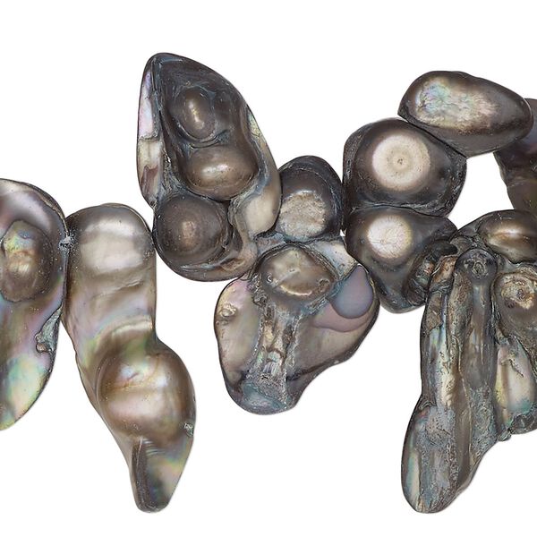 Pearl, cultured freshwater (dyed), silver peacock, 14x10mm-23x15mm top-drilled double baroque, D- grade, Mohs hardness 2-1/2 to 4. Sold per 16-inch strand. image number 0