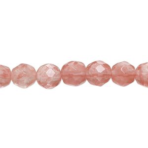 Bead, cherry "quartz" glass, 7-8mm faceted round with 0.6-0.8mm hole. Sold per 15-inch strand.