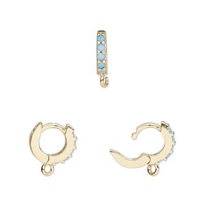 Hoop, gold-finished brass and glass, turquoise blue, 11mm hoop, 18 gauge. Sold per pair.