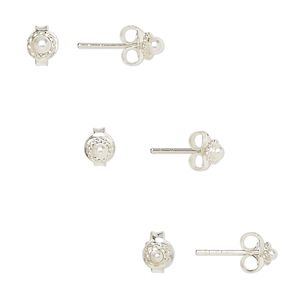 Earstud, glass pearl and sterling silver, white, 3mm / 3.5mm / 4mm round with rope edge design and post. Sold per pkg of 3 pairs.