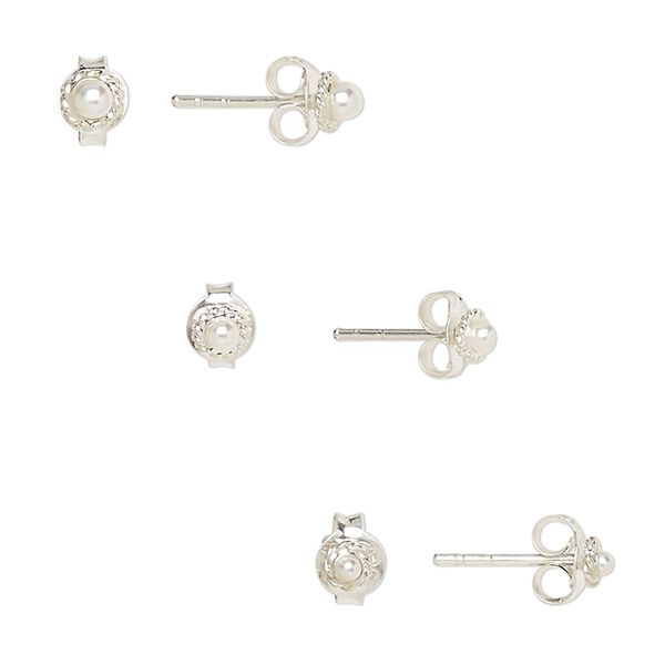Earstud, glass pearl and sterling silver, white, 3mm / 3.5mm / 4mm round with rope edge design and post. Sold per pkg of 3 pairs. image number 0