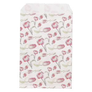 Bag, paper, pink / green / white, 6x4 inches with tulip design and scalloped top edge. Sold per pkg of 100.
