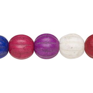 Bead, "howlite" (resin) (imitation), multicolored, 13mm fluted round. Sold per 15-inch strand.