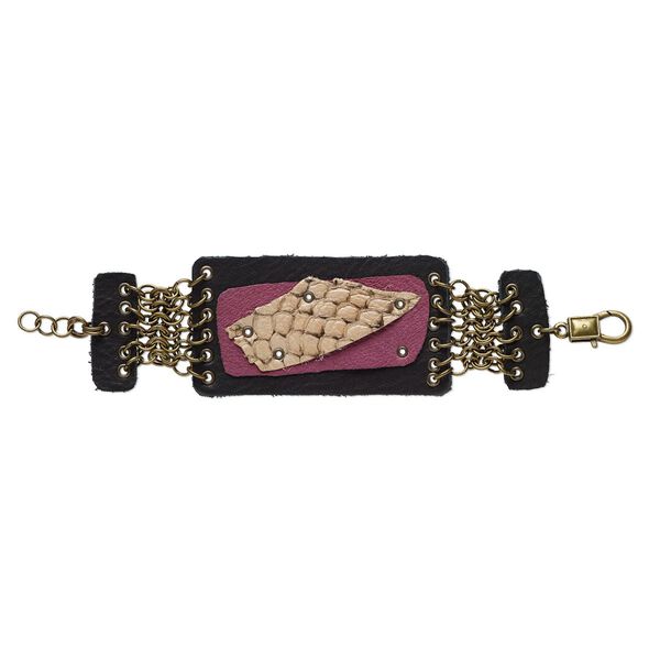 Bracelet, One of a Kind Jewelry, antique gold-plated brass / antique gold-finished "pewter" (zinc-based alloy) / leather, black / brown / purple, 7-1/2 inches. Only one available. image number 0