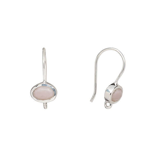 Ear wire, pink opal (natural) and sterling silver, 15.5mm fishhook with 7.5mm oval and closed loop, 22 gauge. Sold per pair. image number 0