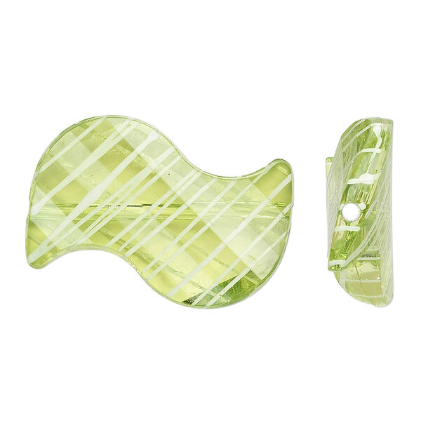 Bead, acrylic, semitransparent green and white, 35x23mm S-shape with painted line design. Sold per pkg of 24. image number 0