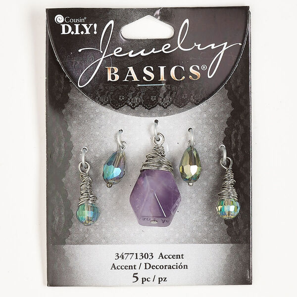 Drop assortment, silver-finished steel / amethyst (natural) / glass, blue and green AB, mixed sizes and shapes. Sold per pkg of 5. image number 0