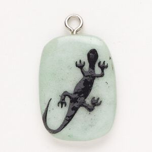 Focal, steel/green aventurine (natural)/enamel, pkg/1, silver finish and black, 30x24mm-39x27mm single-sided puffed freeform with salamander, B- grade.