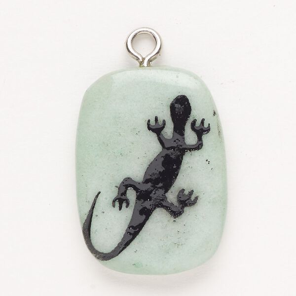 Focal, steel/green aventurine (natural)/enamel, pkg/1, silver finish and black, 30x24mm-39x27mm single-sided puffed freeform with salamander, B- grade. image number 0
