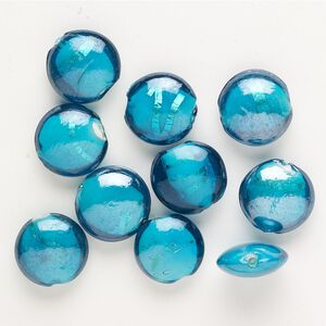 Bead, lampworked glass, opaque teal with silver-colored foil, 19-21mm puffed flat round. Sold per pkg of 10.