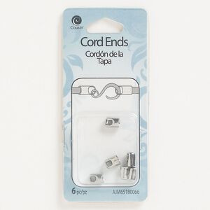 Cord end, glue-in, silver-finished "pewter" (zinc-based alloy), 7x5mm with 4.5mm inside diameter. Sold per pkg of 6.