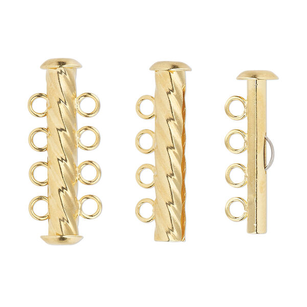 Clasp, 4-strand slide lock, gold-plated brass, 26x6mm corrugated round tube. Sold per pkg of 4. image number 0