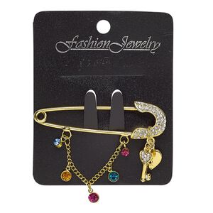 Brooch, glass rhinestone with gold-finished steel and "pewter" (zinc-based alloy), multicolored, 57x20mm safety pin with 1-1/2 inch dangle and heart lock with key. Sold individually.