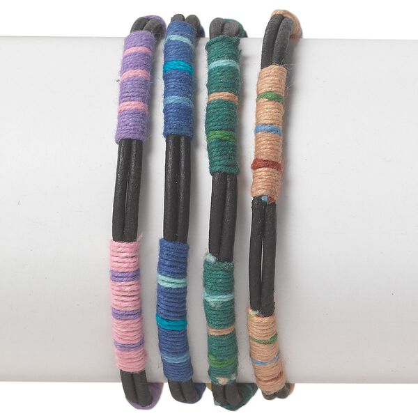 Bracelet, leather (dyed) and cotton, multicolored, 7 inches with button clasp. Sold per pkg of 4. image number 0