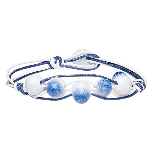 Bracelet, waxed cotton cord and porcelain, blue and white, 14mm wide with 12x10mm teardrop, 7 inches with button clasp. Sold individually. image number 0