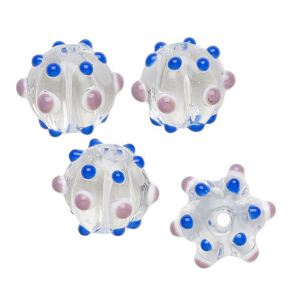 Bead, lampworked glass, clear / dark blue / lavender, 15x13mm fluted round. Sold per pkg of 4. image number 0