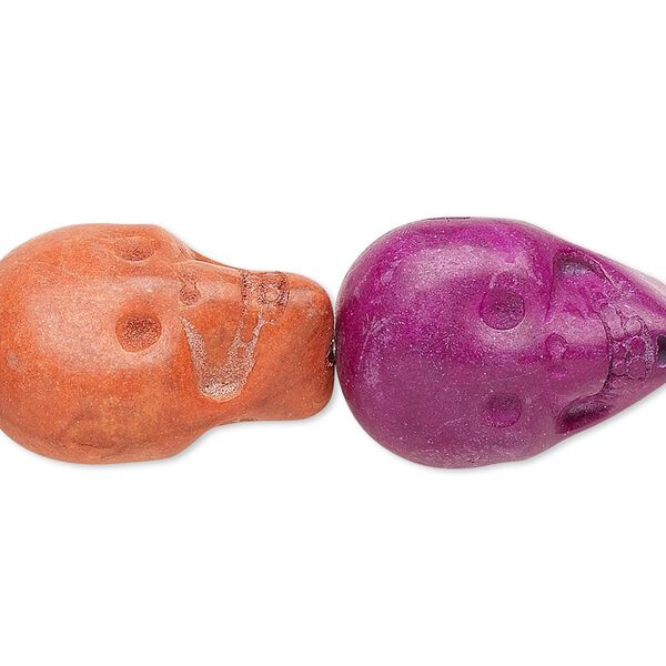 Bead, "howlite" (imitation) resin, mixed colors, 23x15mm-25x18mm skull. Sold per 8-inch strand. image number 0