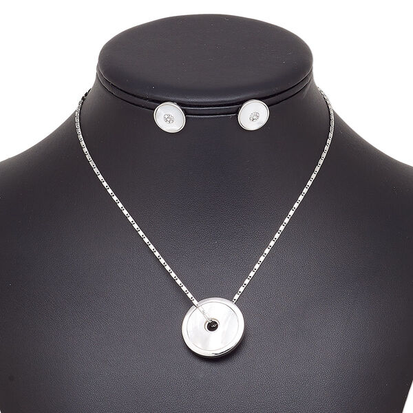 Necklace and earring set, black lip shell (natural) / glass rhinestone / stainless steel / imitation rhodium-plated brass / steel / "pewter" (zinc-based alloy), clear, 26mm round donut, 15" to 16" necklace with 2-inch extender chain and lobster claw clasp, 14mm round with post. Sold per set. image number 0