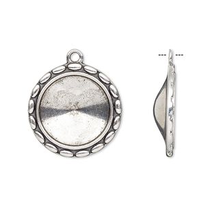 Drop, Almost Instant Jewelry®, antique silver-finished "pewter" (zinc-based alloy), 24mm round with scalloped design and 18mm rivoli setting. Sold per pkg of 6.