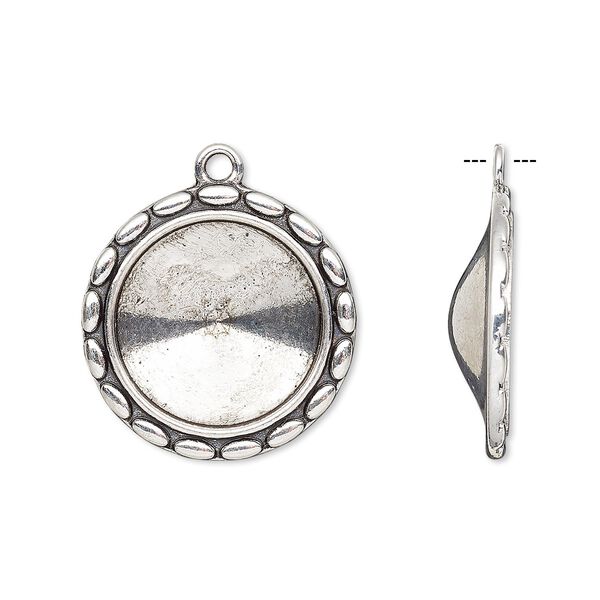 Drop, Almost Instant Jewelry®, antique silver-finished "pewter" (zinc-based alloy), 24mm round with scalloped design and 18mm rivoli setting. Sold per pkg of 6. image number 0