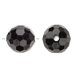 Bead, acrylic, opaque black, 15mm faceted round. Sold per 100-gram pkg, approximately 50 beads.
