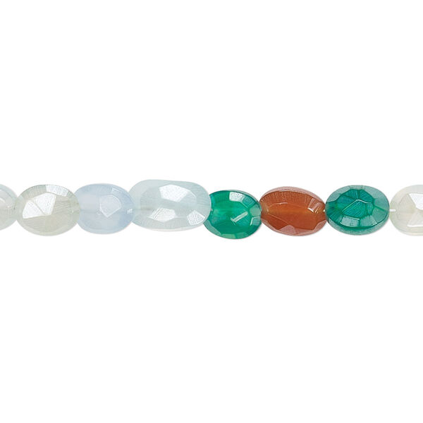 Bead, multi-chalcedony (dyed / coated), luster, 6x5mm-9x6mm hand-cut faceted puffed oval with 0.4-1.4mm hole, B- grade, Mohs hardness 6-1/2 to 7. Sold per 6-inch strand. image number 0