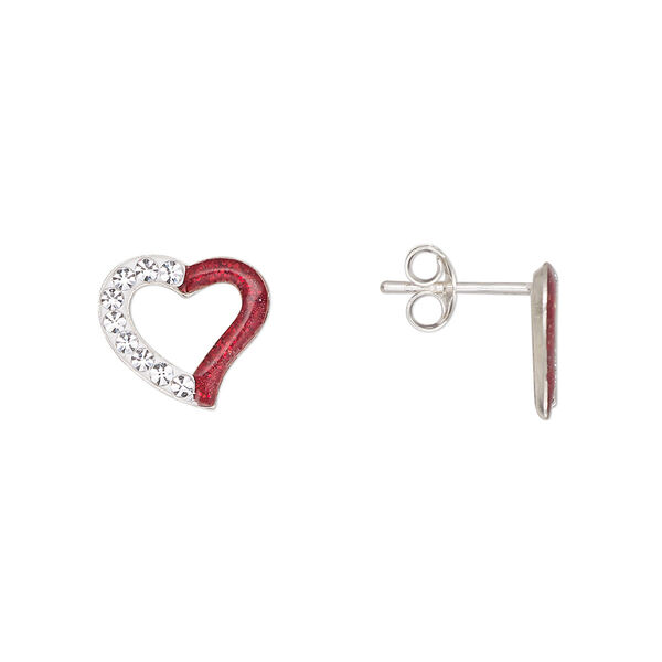 Earstud, Create Compliments®, sterling silver and glass rhinestone, red / clear / white, 11mm open heart with glitter. Sold per pair. image number 0