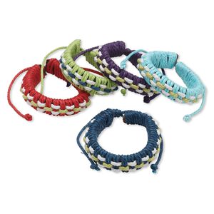Bracelet mix, leather (natural) and cotton, mixed colors, adjustable from 5-1/2 to 7-1/2 inches with knot closure. Sold per pkg of 5.