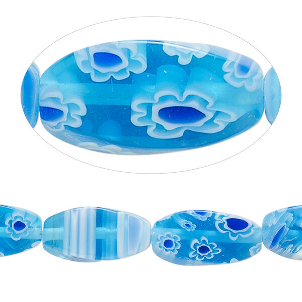 Bead, millefiori glass, translucent blue / white / cobalt, 16x8mm 4-sided twisted oval with 0.6-0.8mm hole. Sold per 15-inch strand. image number 0