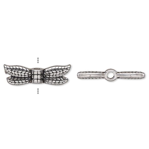 Bead, enamel and stainless steel, black, 20x6mm double-sided dragonfly wing. Sold individually. image number 0