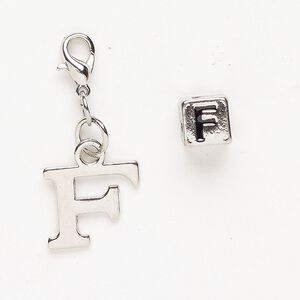 Charm and bead 1pkg2 antiqued silver-finished "pewter" (zinc-based alloy) / steel / enamel, black, 15x12mm "F" with lobster claw clasp and 7mm cube with "F".