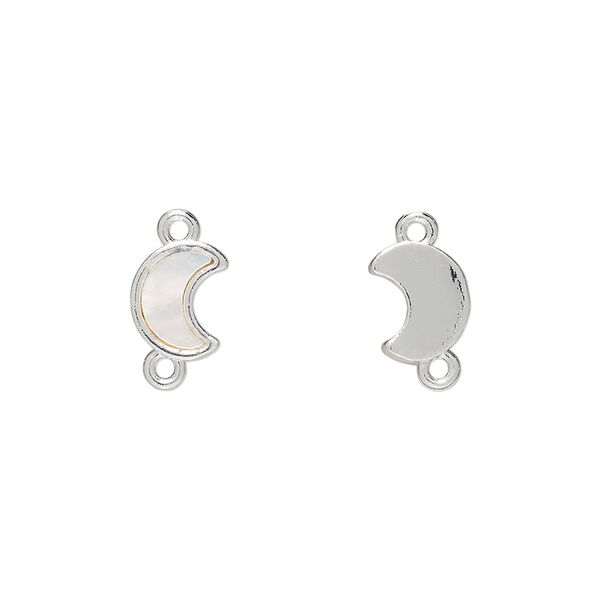 Link 1pkg2 silver-finished brass / mother-of-pearl shell (bleached), white, 9x7mm moon. image number 0