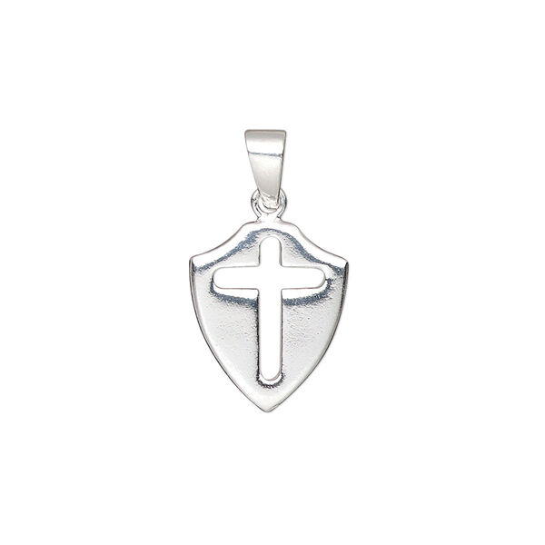 Pendant, sterling silver, 15.5x13mm shield with cross cutout. Sold individually. image number 0