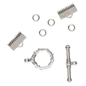 Clasp, toggle, "pewter" (zinc-based alloy) and steel, pkg/2, 17mm and 13.5x5mm, silver finish.