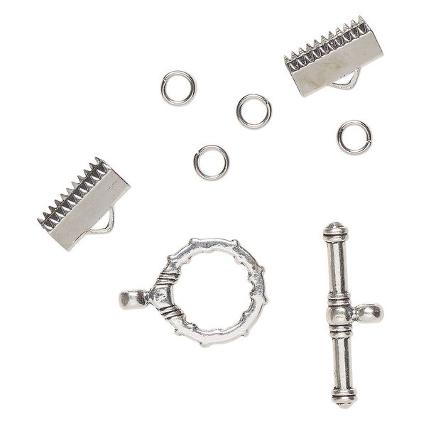 Clasp, toggle, "pewter" (zinc-based alloy) and steel, pkg/2, 17mm and 13.5x5mm, silver finish. image number 0