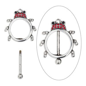 Focal, bead pin, glass rhinestone / antique silver-finished brass / "pewter" (zinc-based alloy), clear / red / black, 43x38mm single-sided ladybug with twist-off top, 23.5mm beadable length. Sold individually.
