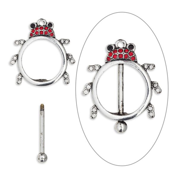 Focal, bead pin, glass rhinestone / antique silver-finished brass / "pewter" (zinc-based alloy), clear / red / black, 43x38mm single-sided ladybug with twist-off top, 23.5mm beadable length. Sold individually. image number 0
