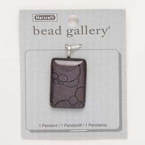 Pendant, silver-finished brass and glass, purple / black / silver, 36x25mm rectangle with bubble design. Sold individually.