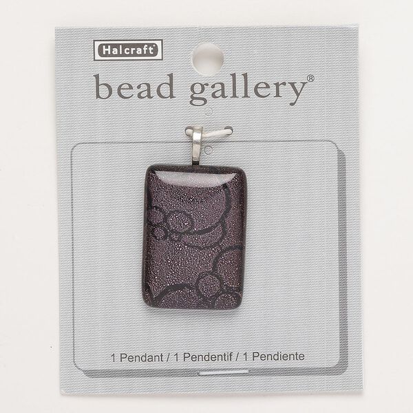 Pendant, silver-finished brass and glass, purple / black / silver, 36x25mm rectangle with bubble design. Sold individually. image number 0