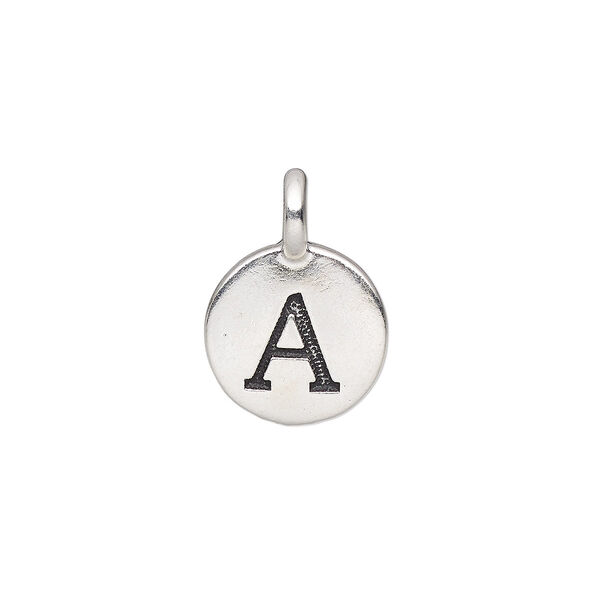Drop, TierraCast®, antique silver-plated pewter (tin-based alloy), 11.5mm single-sided round with textured alphabet letter "A." Sold per pkg of 2. image number 0