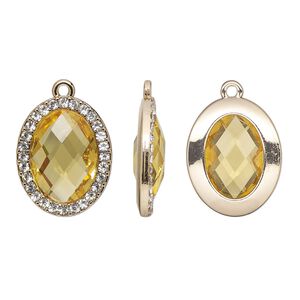 Drop, glass / glass rhinestone / gold-finished "pewter" (zinc-based alloy), clear and transparent citrine yellow, 23.5x19mm single-sided oval. Sold per pkg of 2.