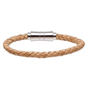 Bracelet, leather (dyed) and stainless steel, natural, 6mm bolo cord, 6-1/2 inches with magnetic clasp. Sold individually.