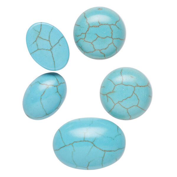 Cabochon mix, "turquoise" (resin) (imitation), blue, 18mm non-calibrated round and 18x13mm-25x18mm non-calibrated oval with matrix. Sold per pkg of 5. image number 0