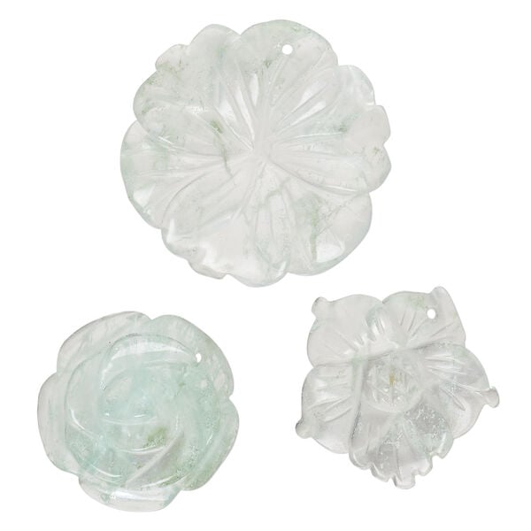 Drop mix 1pkg3, glass, transparent blue / green / clear, 24x23mm-40x39mm top-drilled carved flower. image number 0