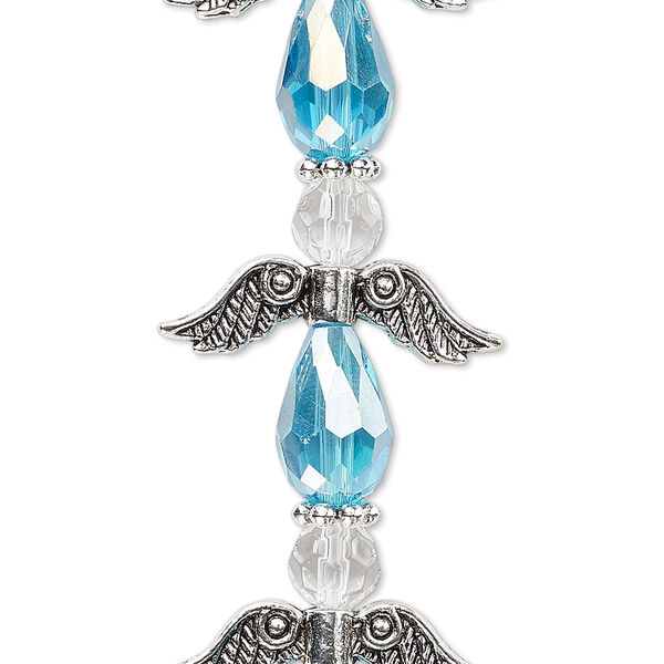 Bead, crystal and antique silver-plated "pewter" (zinc-based alloy), translucent light turquoise blue AB and clear, 23mm angel. Sold per pkg of 4. image number 0