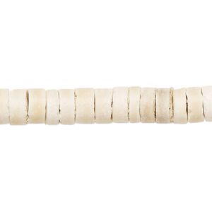 Bead, wood (bleached / waxed), white, 7-8mm hand-cut heishi. Sold per 24-inch strand.