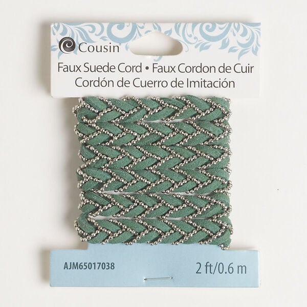 Cord 1pkg1, antique silver-finished steel / faux suede, teal green, 7mm braided, 2-foot section. image number 0