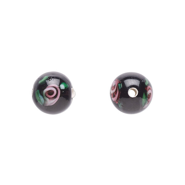 Bead, Czech lampworked glass, opaque black / green / pink, 8-9mm round with reverse-painted flowers. Sold per pkg of 6. image number 0